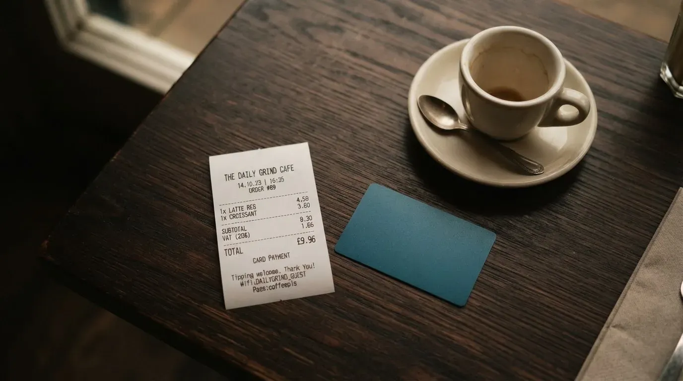 A receipt and a card on a café table