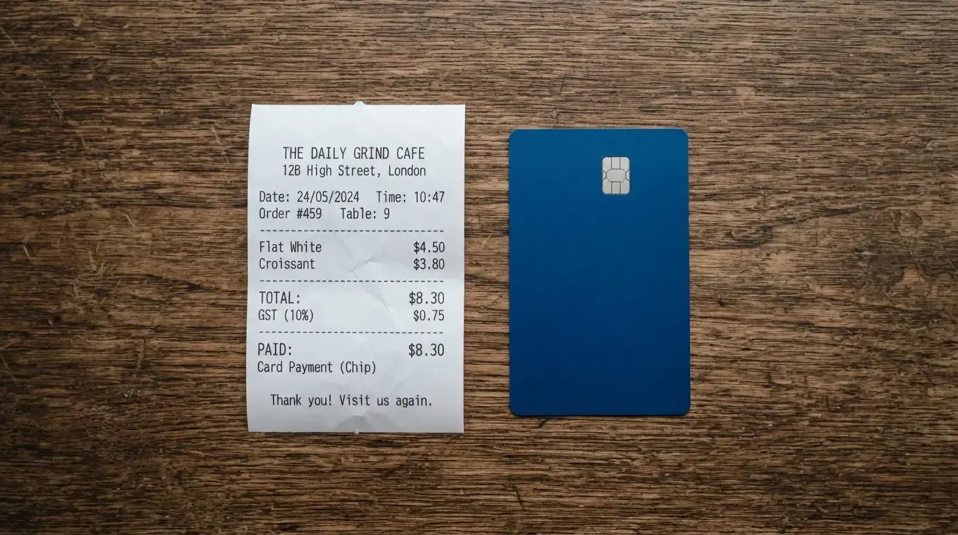A receipt and a card on a café table