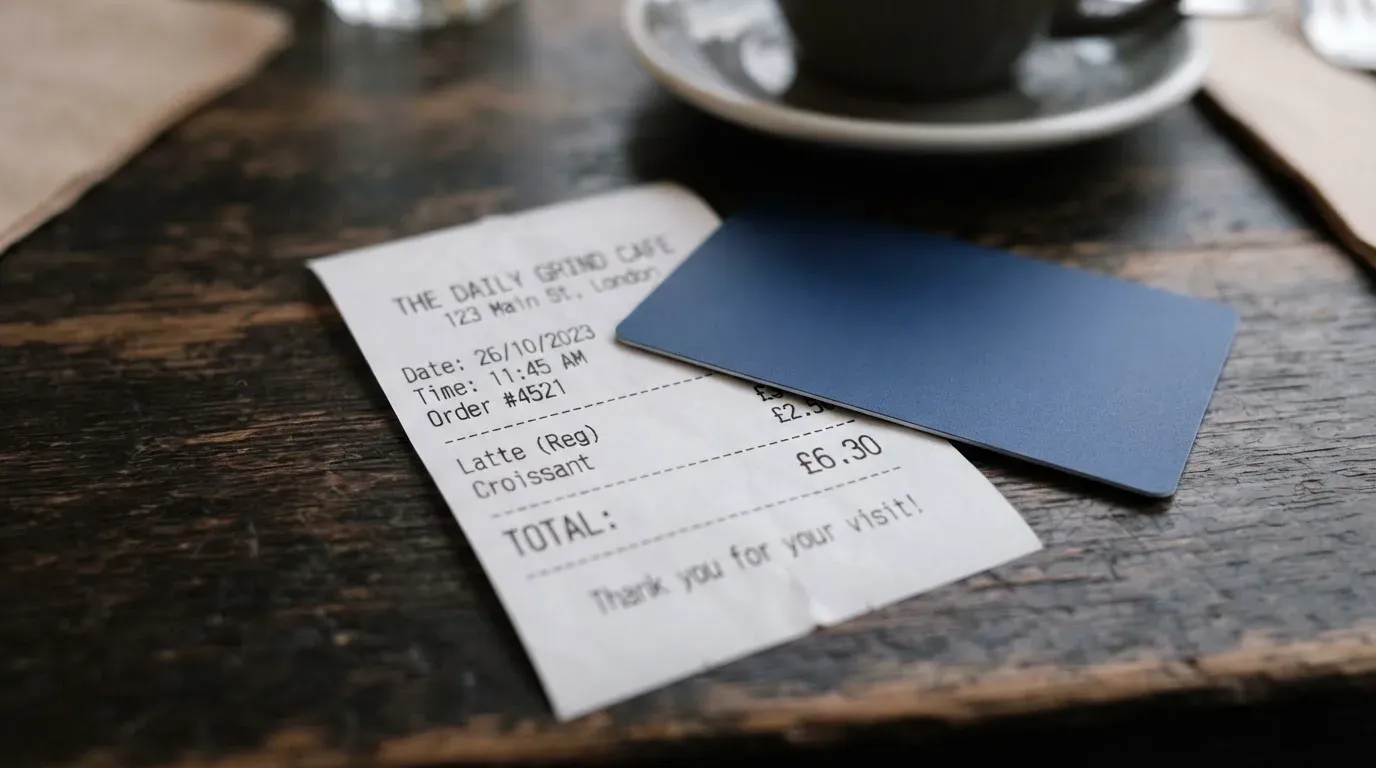 A receipt and a card on a café table