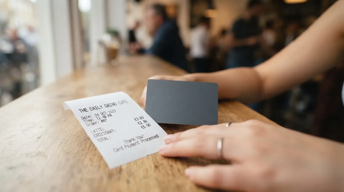A receipt and a card on a café table
