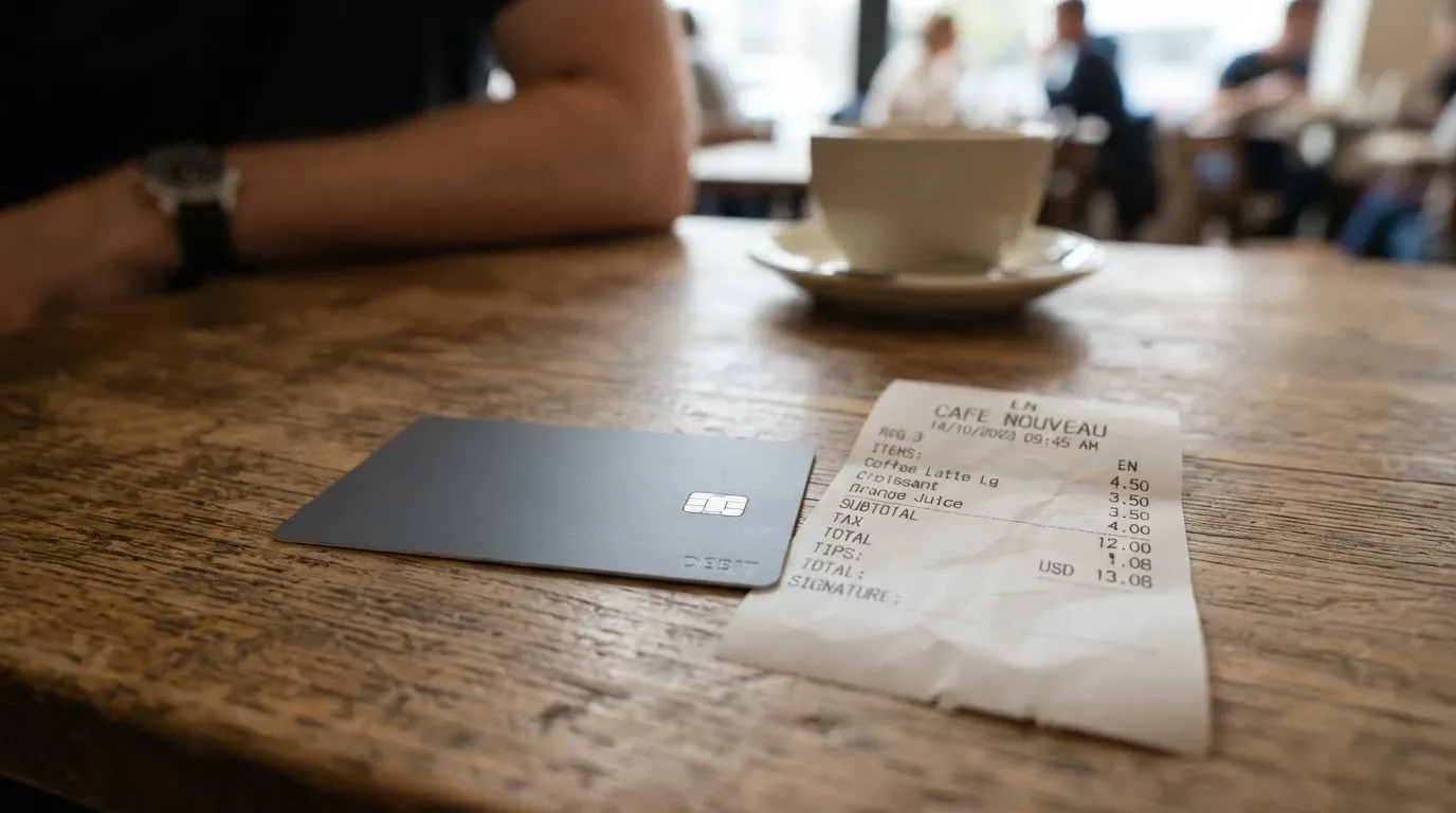 A receipt and a card on a café table