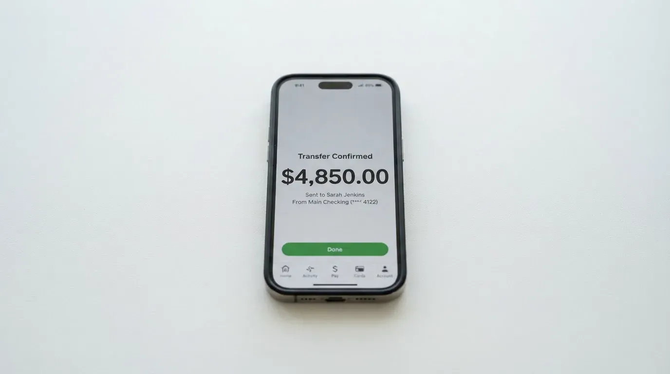 A phone showing a stablecoin transfer screen
