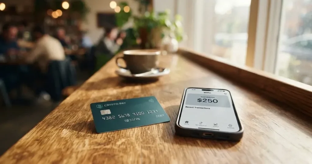 A payment card next to a phone with a crypto wallet app open