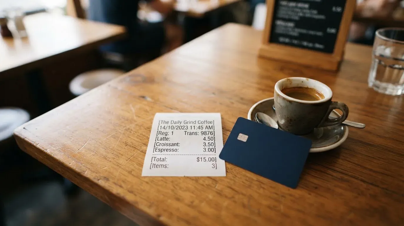 A receipt and a card on a café table
