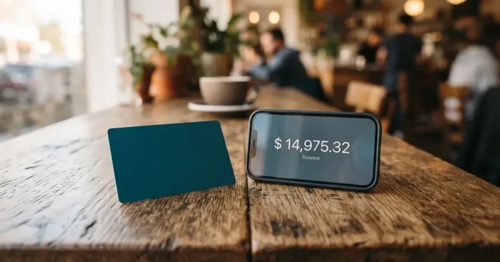 A payment card next to a phone with a crypto wallet app open