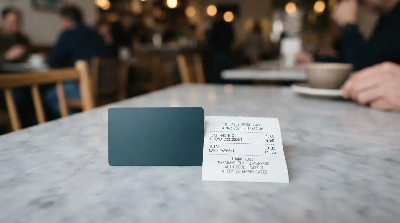 A receipt and a card on a café table