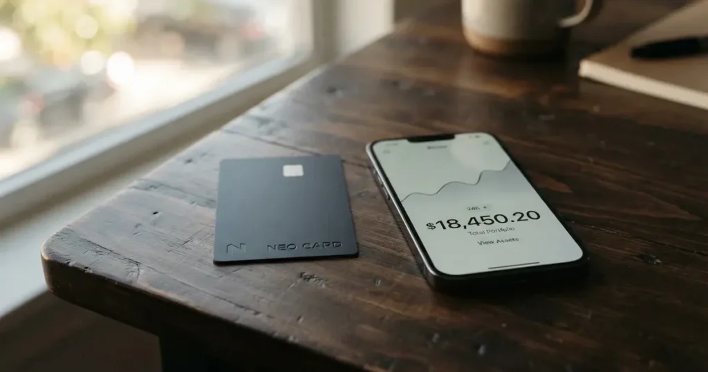 A payment card next to a phone with a crypto wallet app open