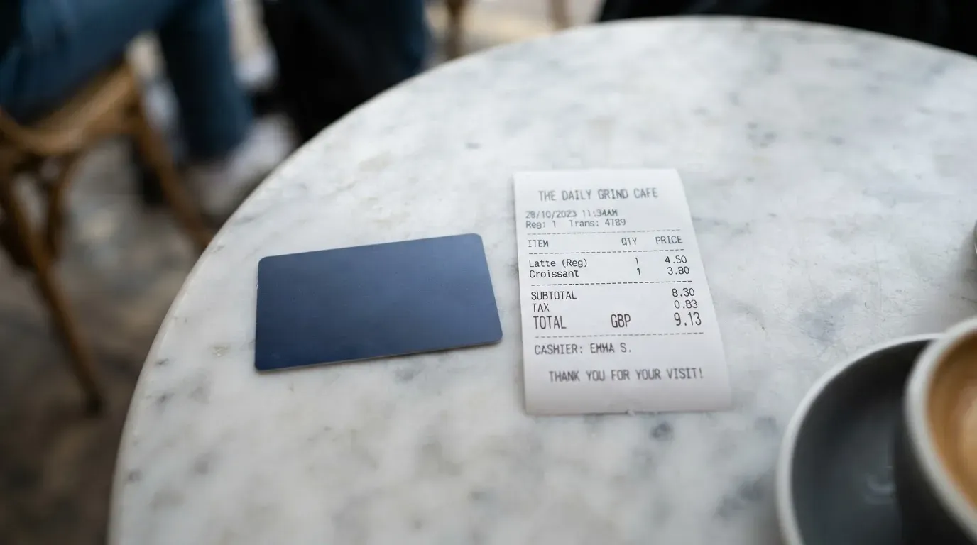 A receipt and a card on a café table