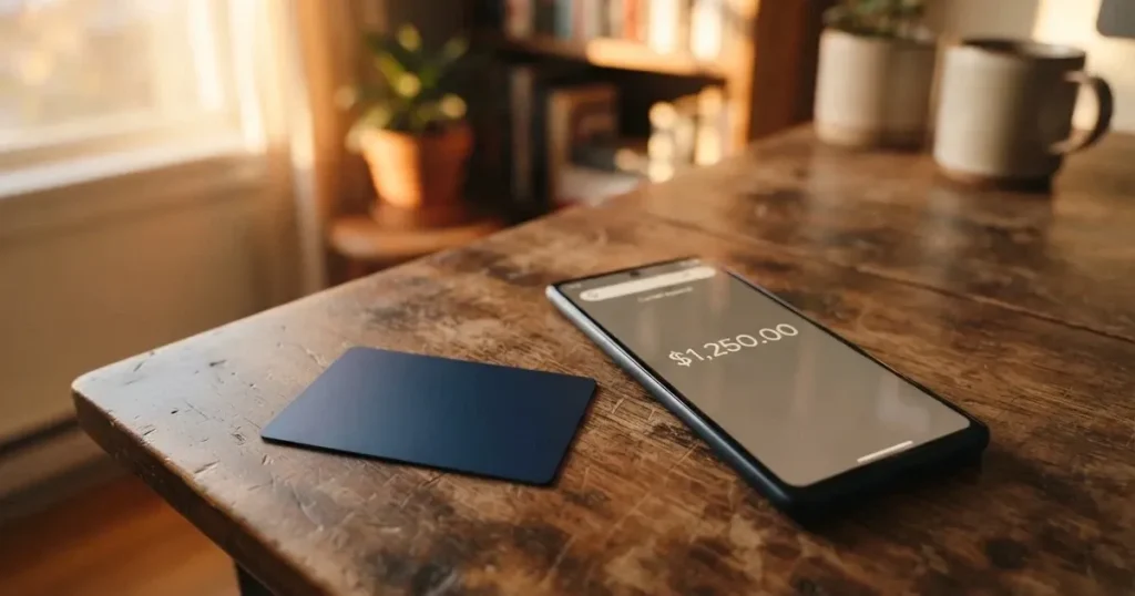 A payment card next to a phone with a crypto wallet app open