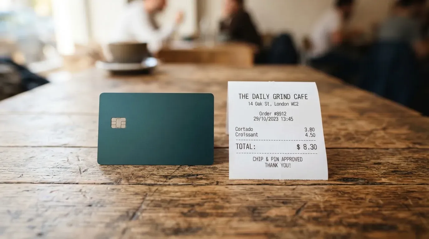 A receipt and a card on a café table