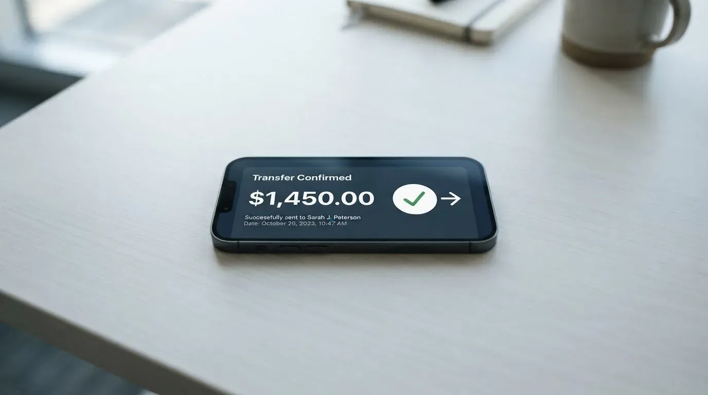 A phone showing a stablecoin transfer screen