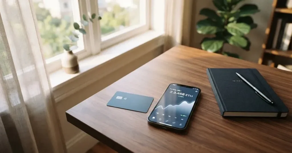 A payment card next to a phone with a crypto wallet app open