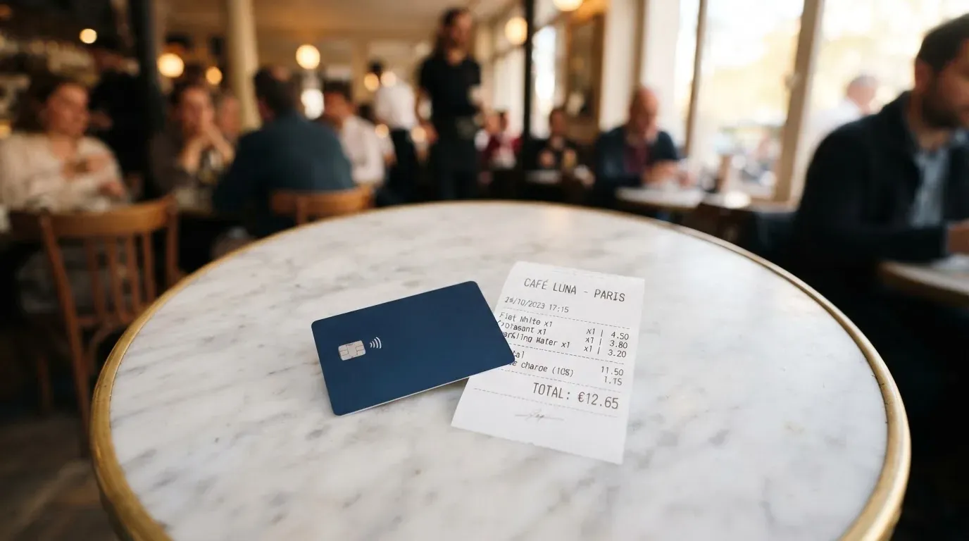 A receipt and a card on a café table