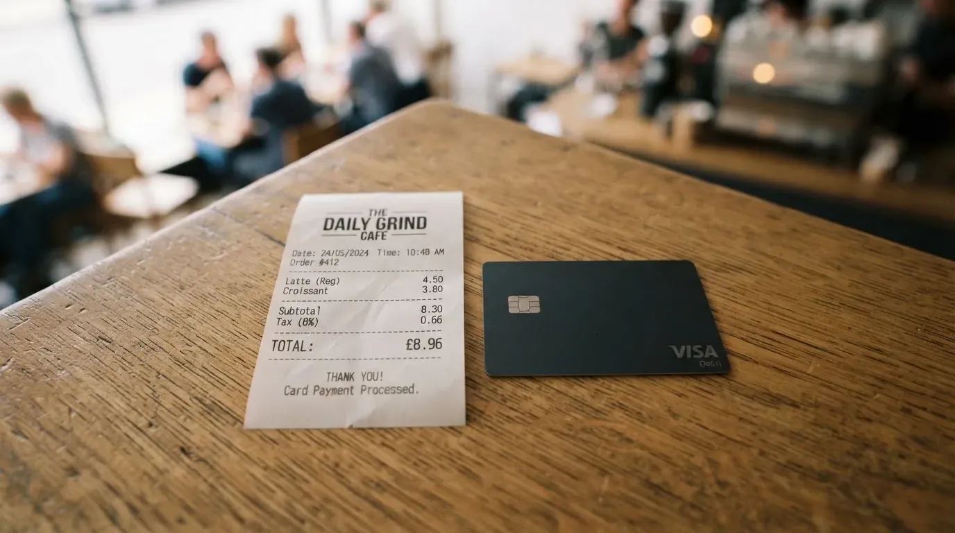 A receipt and a card on a café table