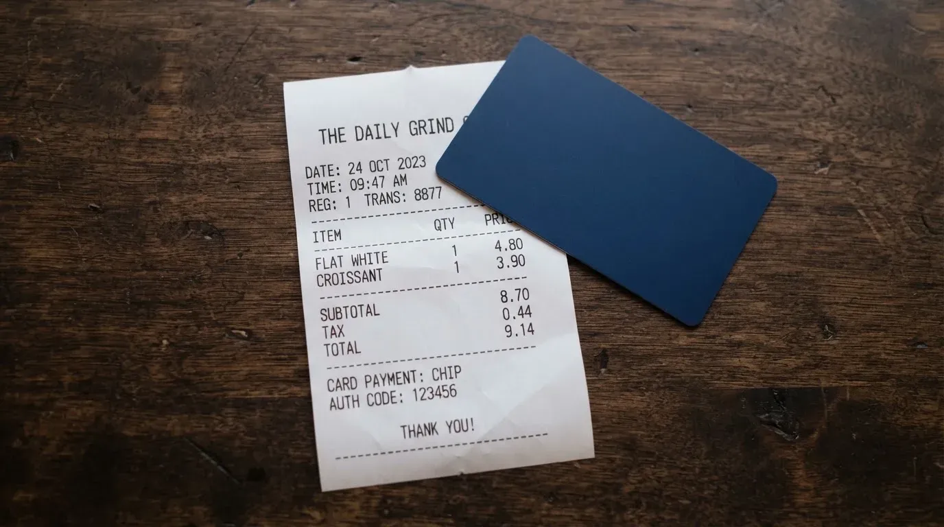 A receipt and a card on a café table