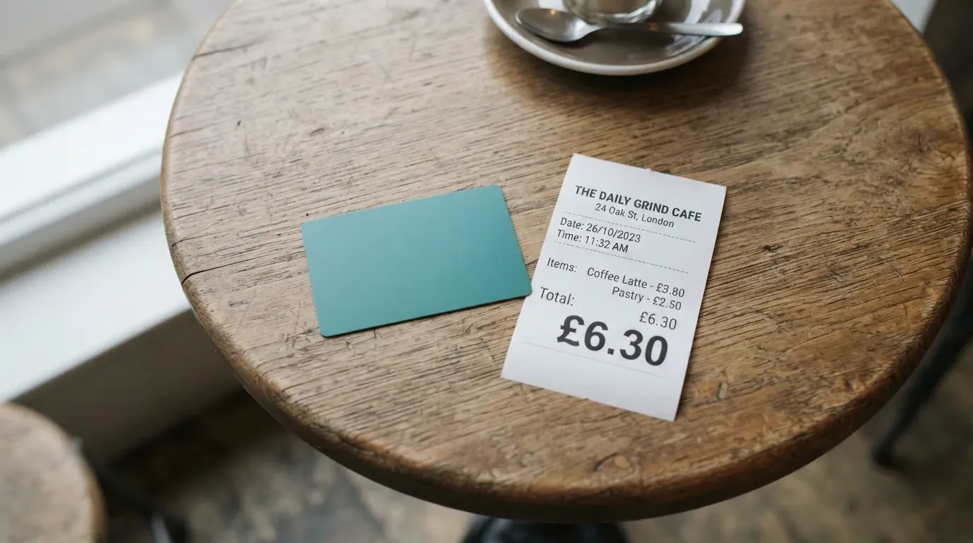 A receipt and a card on a café table