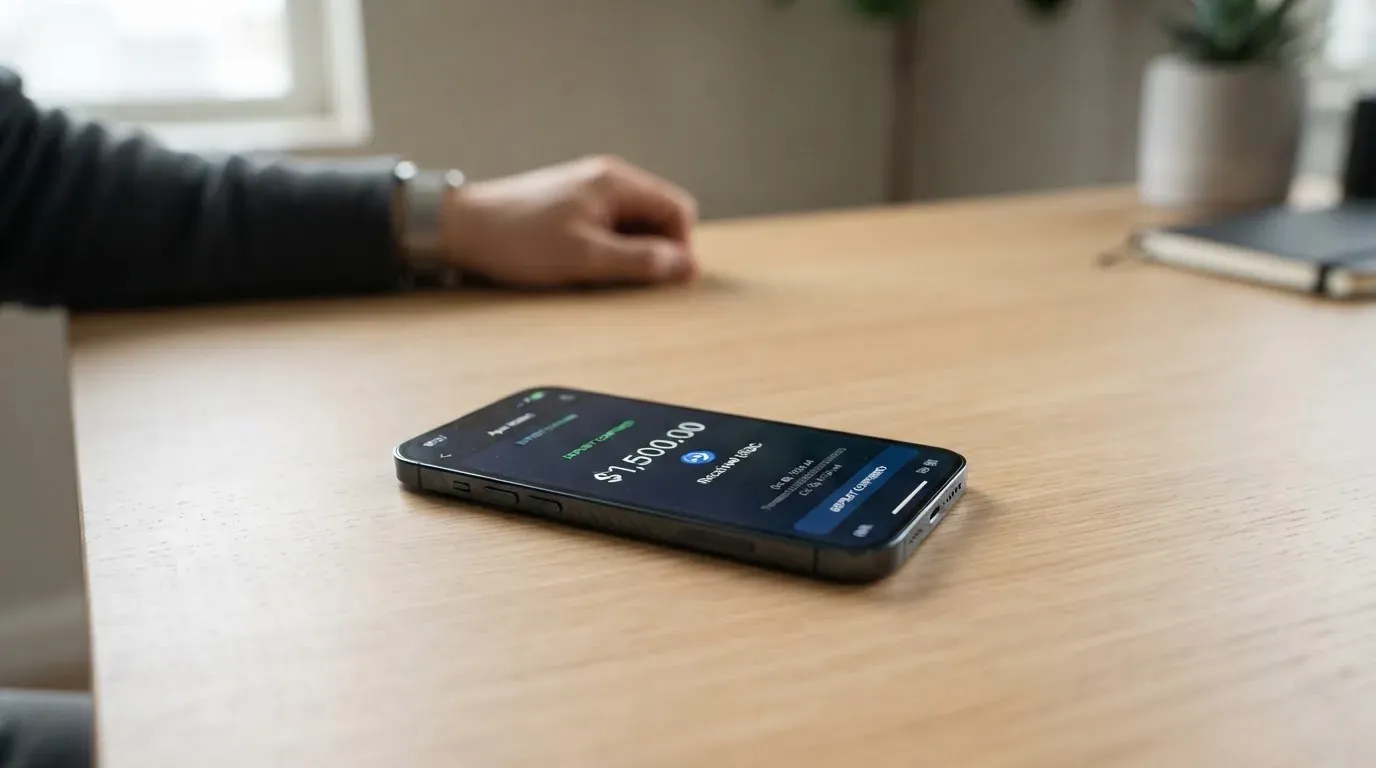 A phone showing a stablecoin transfer screen