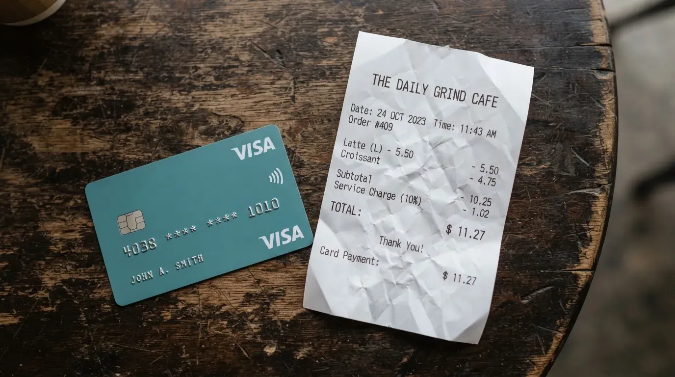 A receipt and a card on a café table