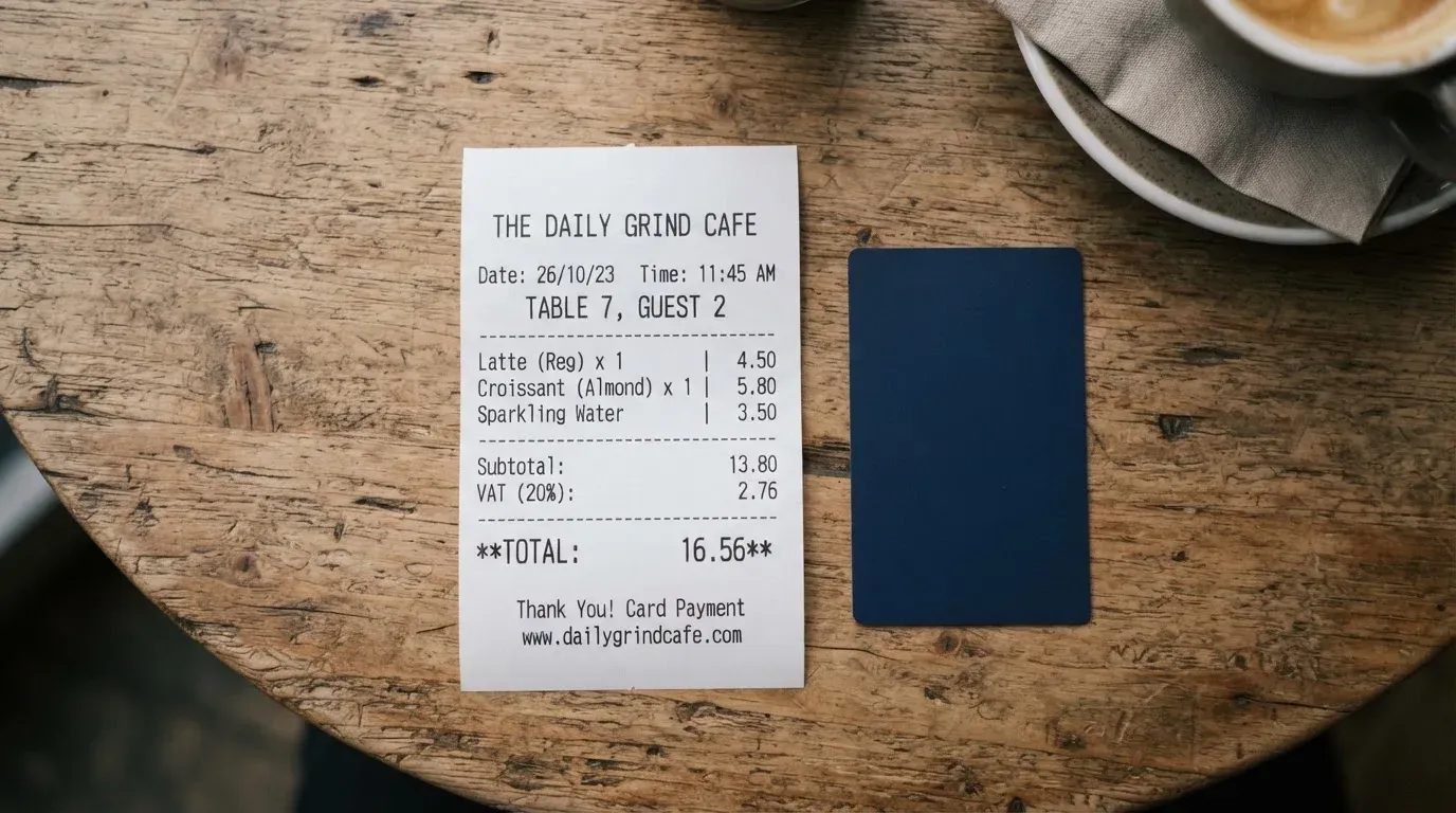 A receipt and a card on a café table