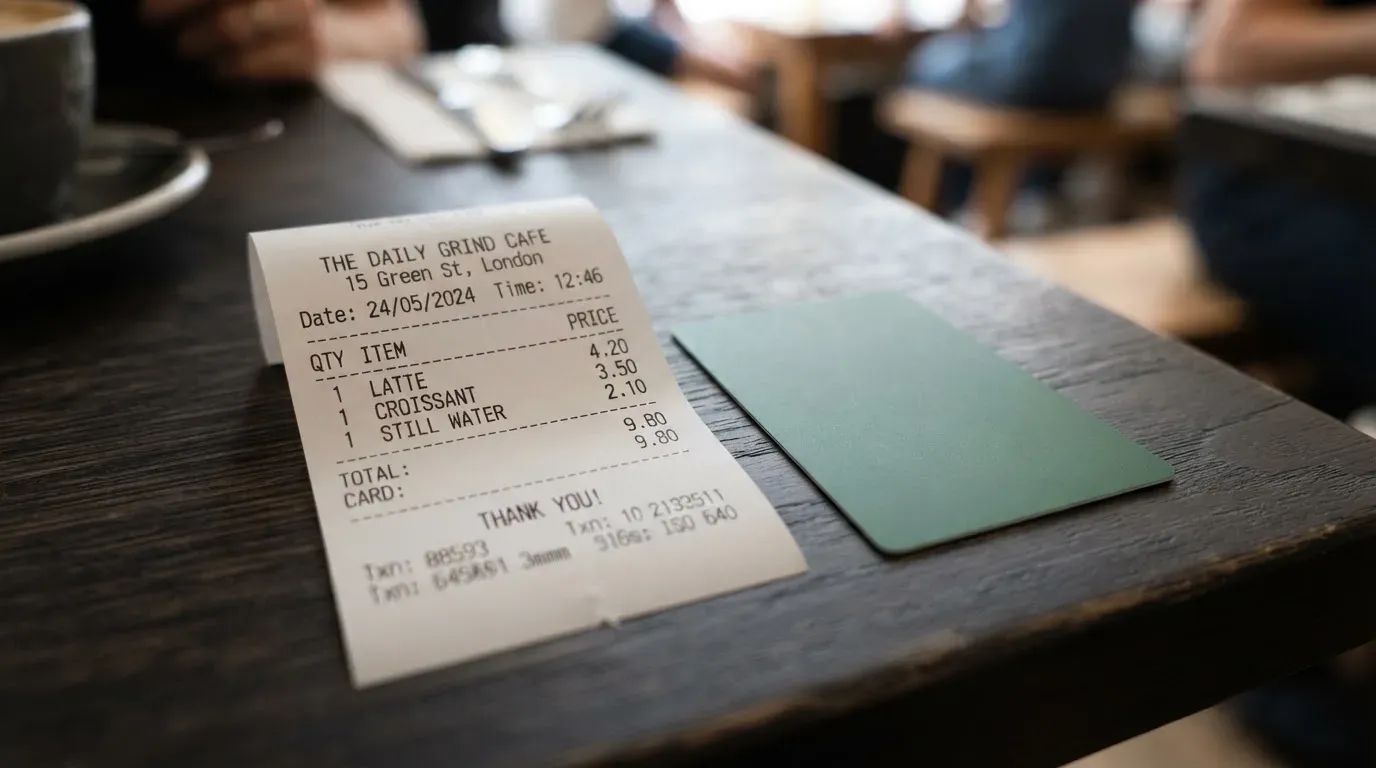 A receipt and a card on a café table