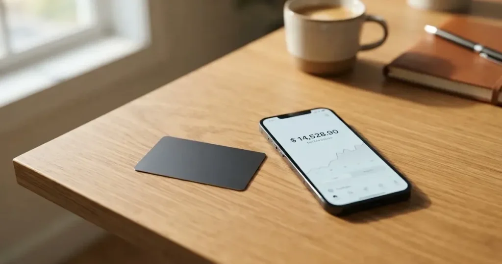 A payment card next to a phone with a crypto wallet app open
