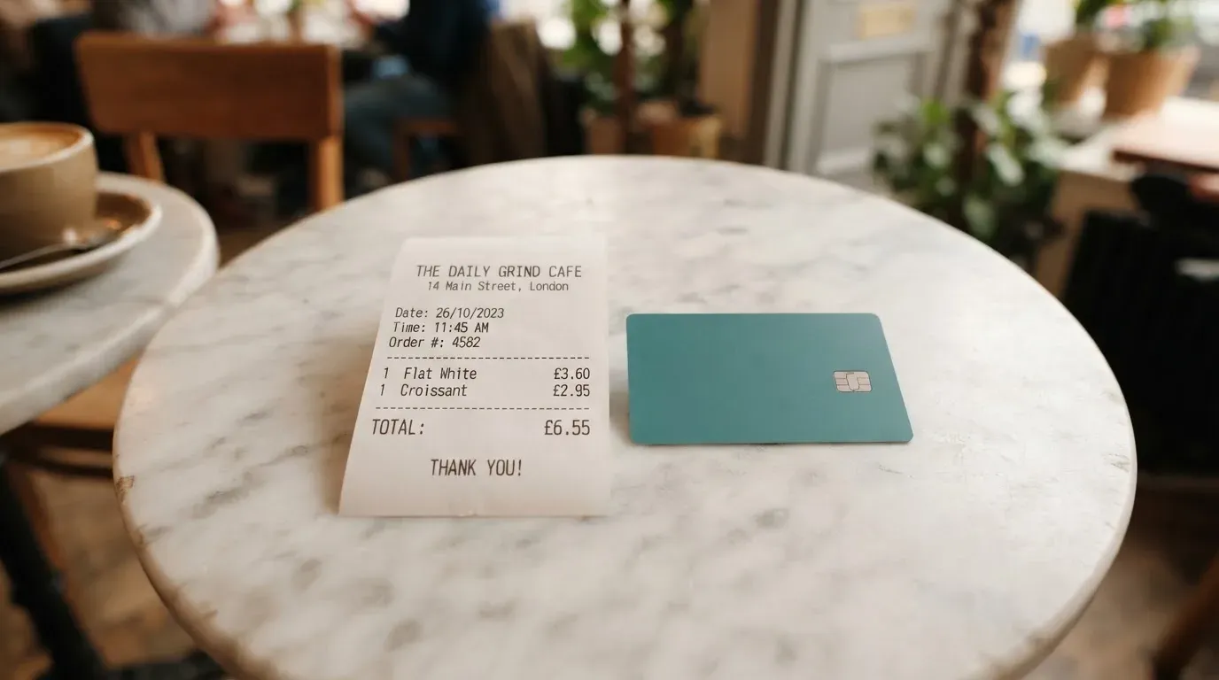 A receipt and a card on a café table