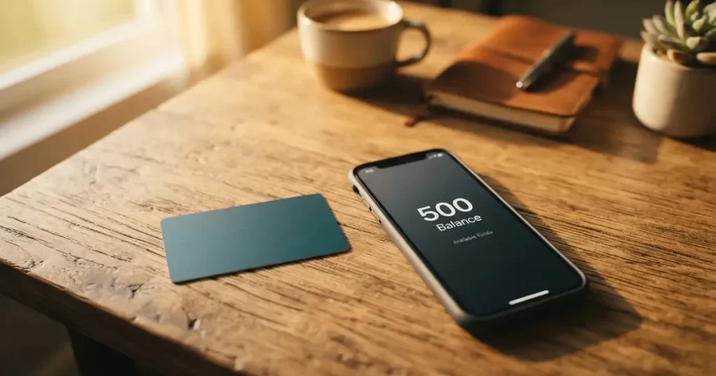 A payment card next to a phone with a crypto wallet app open