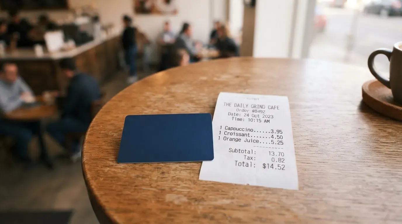 A receipt and a card on a café table