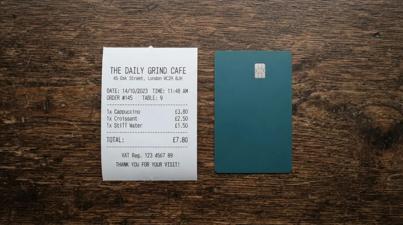 A receipt and a card on a café table
