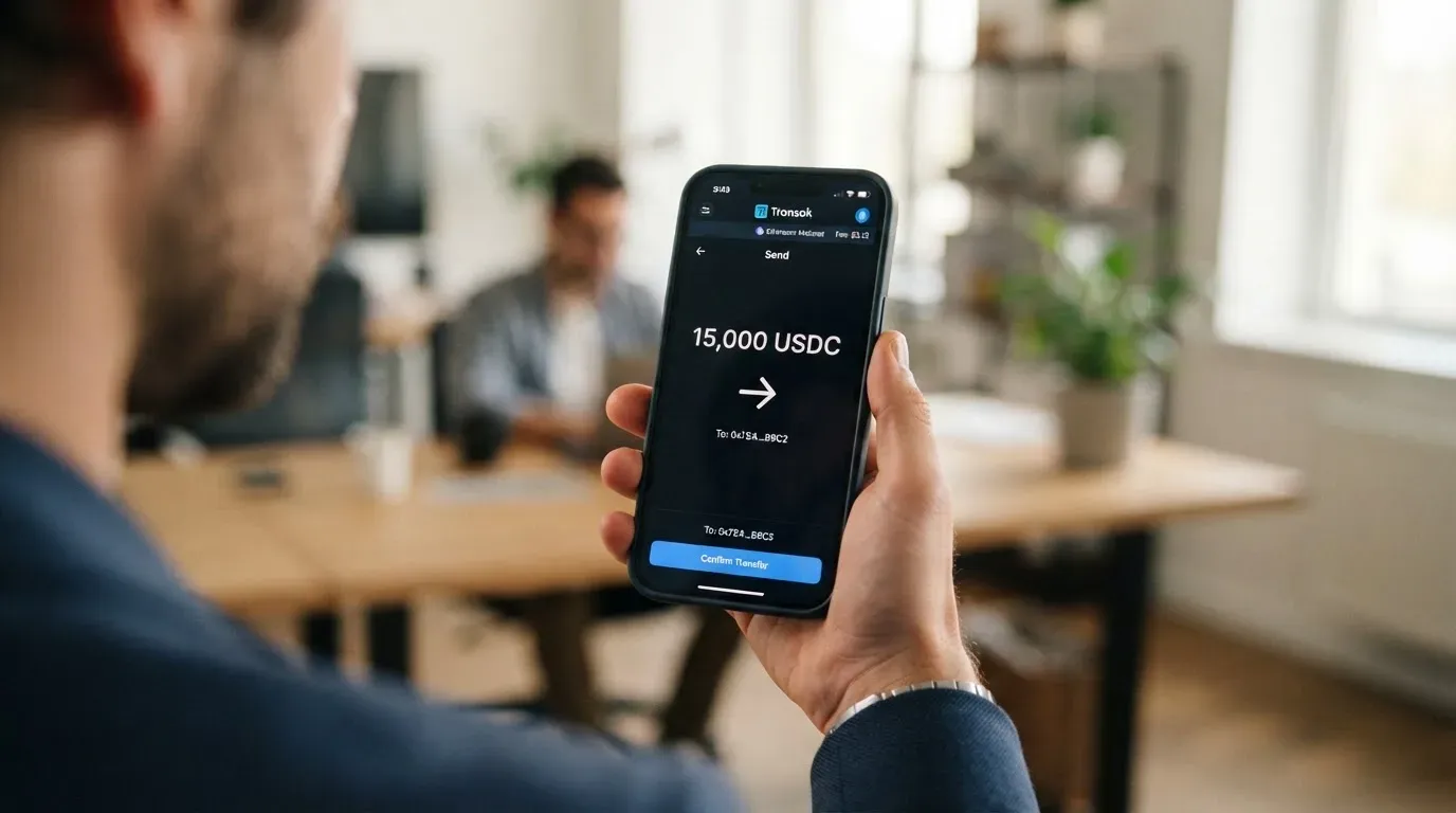 A phone showing a stablecoin transfer screen