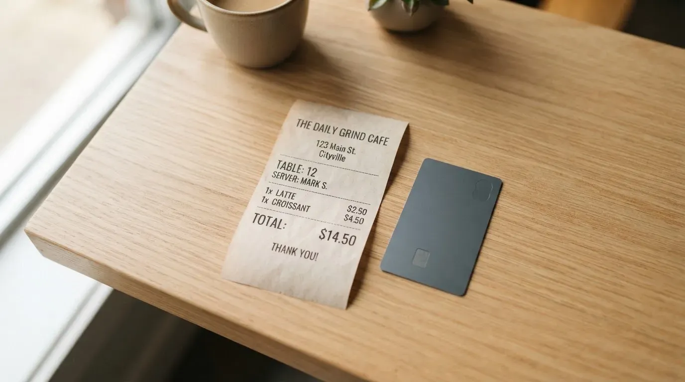 A receipt and a card on a café table