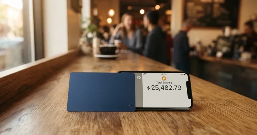 A payment card next to a phone with a crypto wallet app open