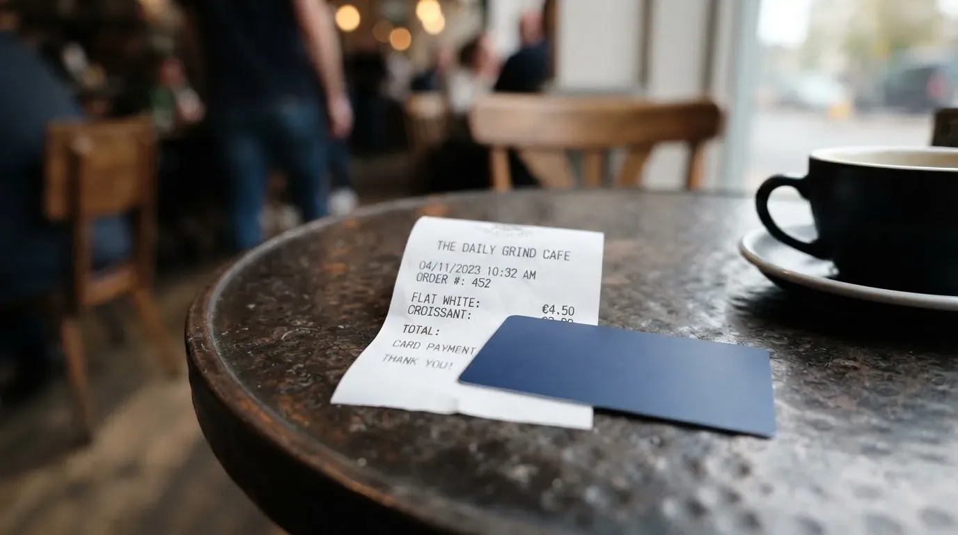 A receipt and a card on a café table