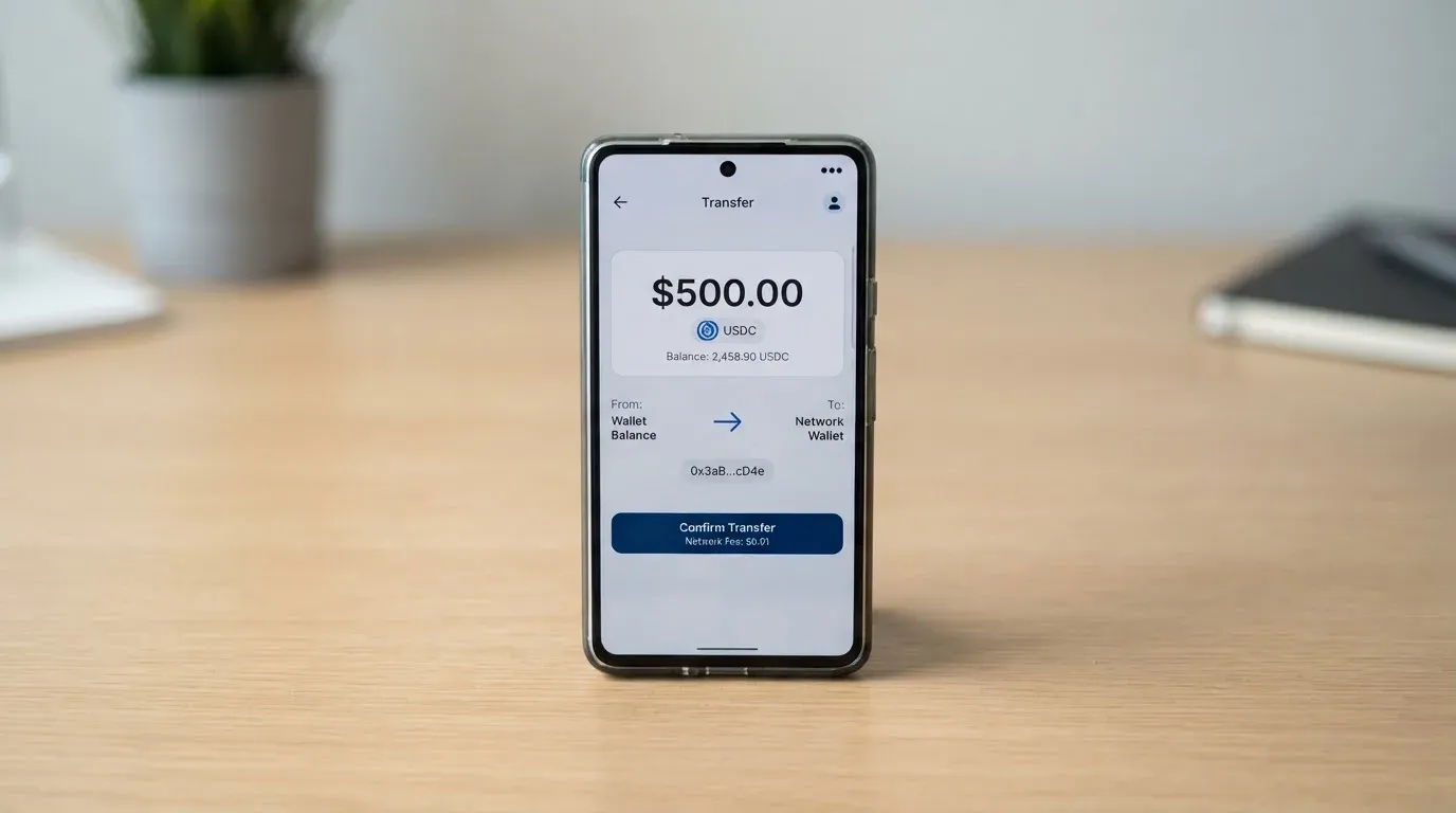A phone showing a stablecoin transfer screen