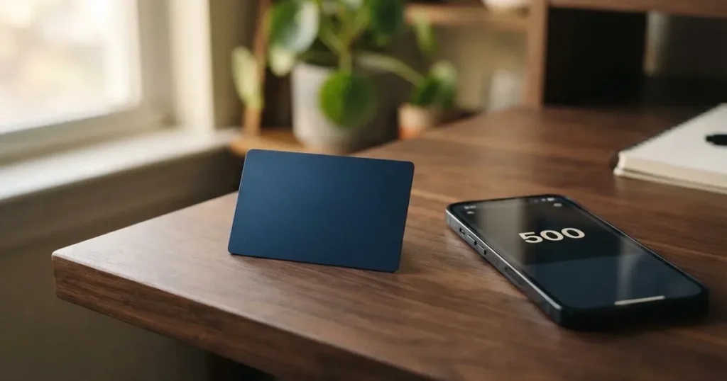 A payment card next to a phone with a crypto wallet app open