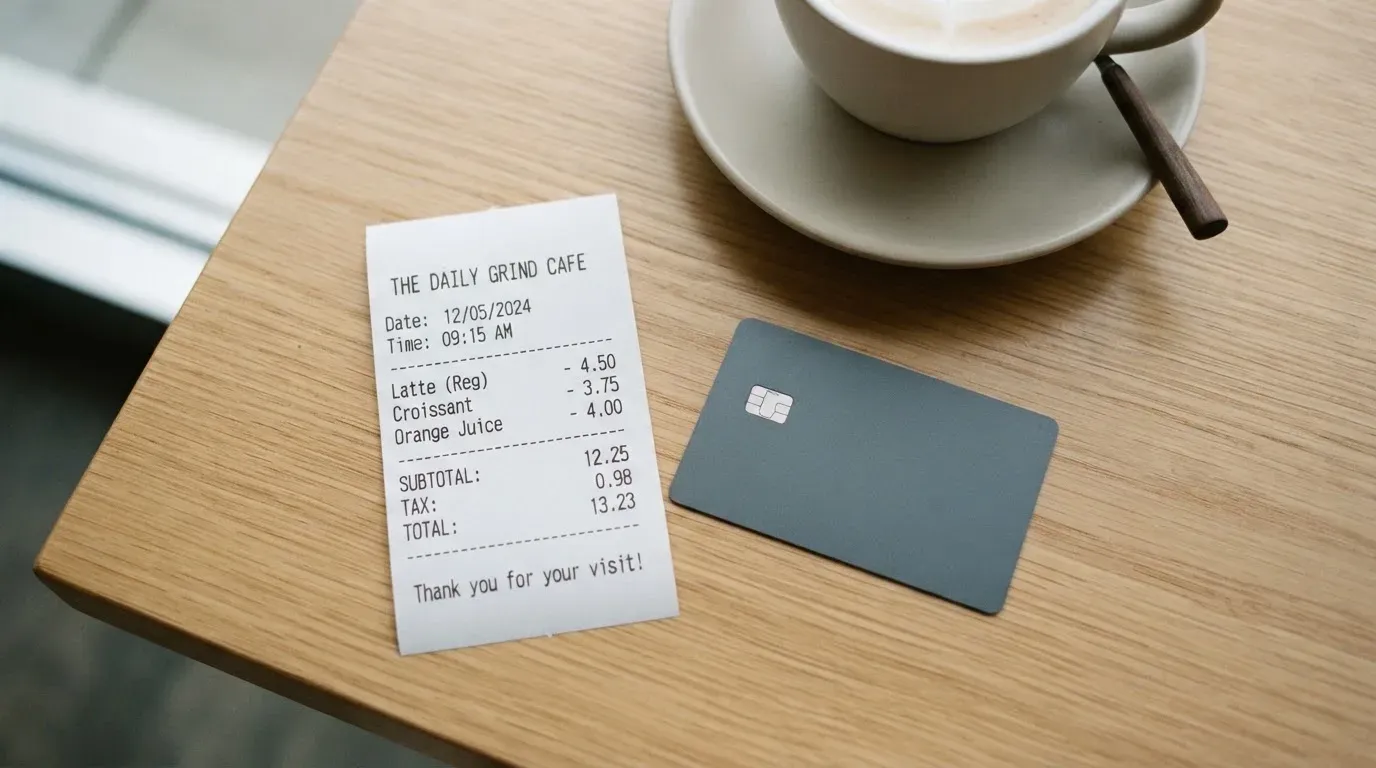 A receipt and a card on a café table