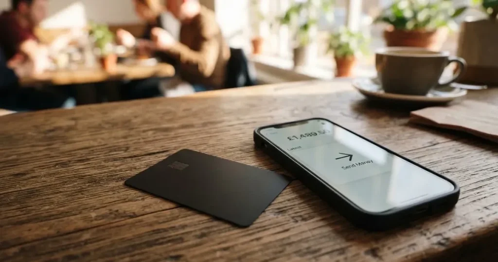 A payment card next to a phone with a crypto wallet app open