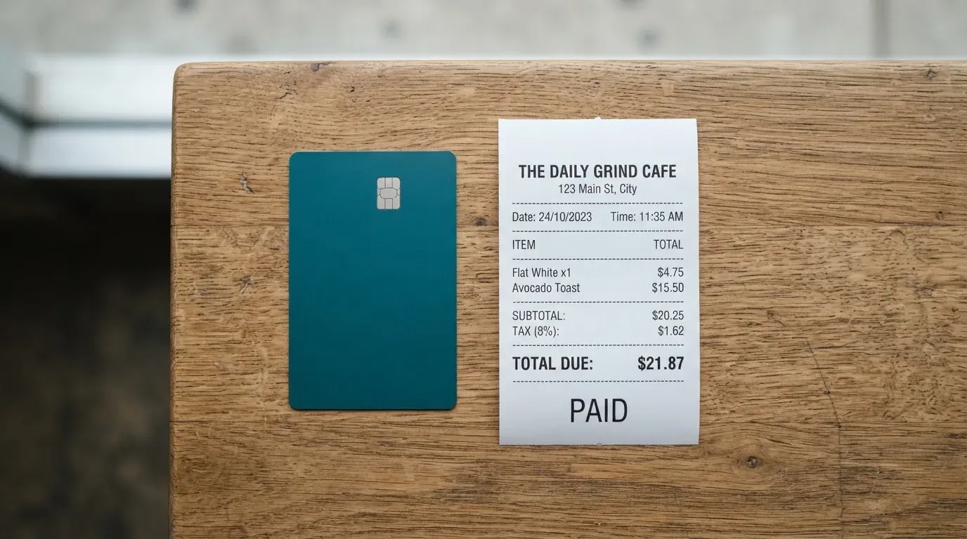 A receipt and a card on a café table