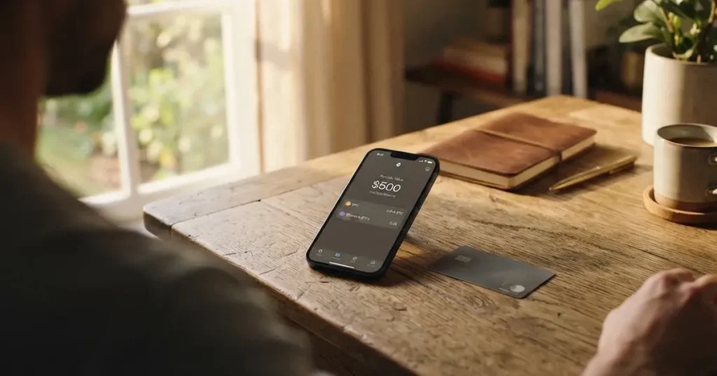 A payment card next to a phone with a crypto wallet app open