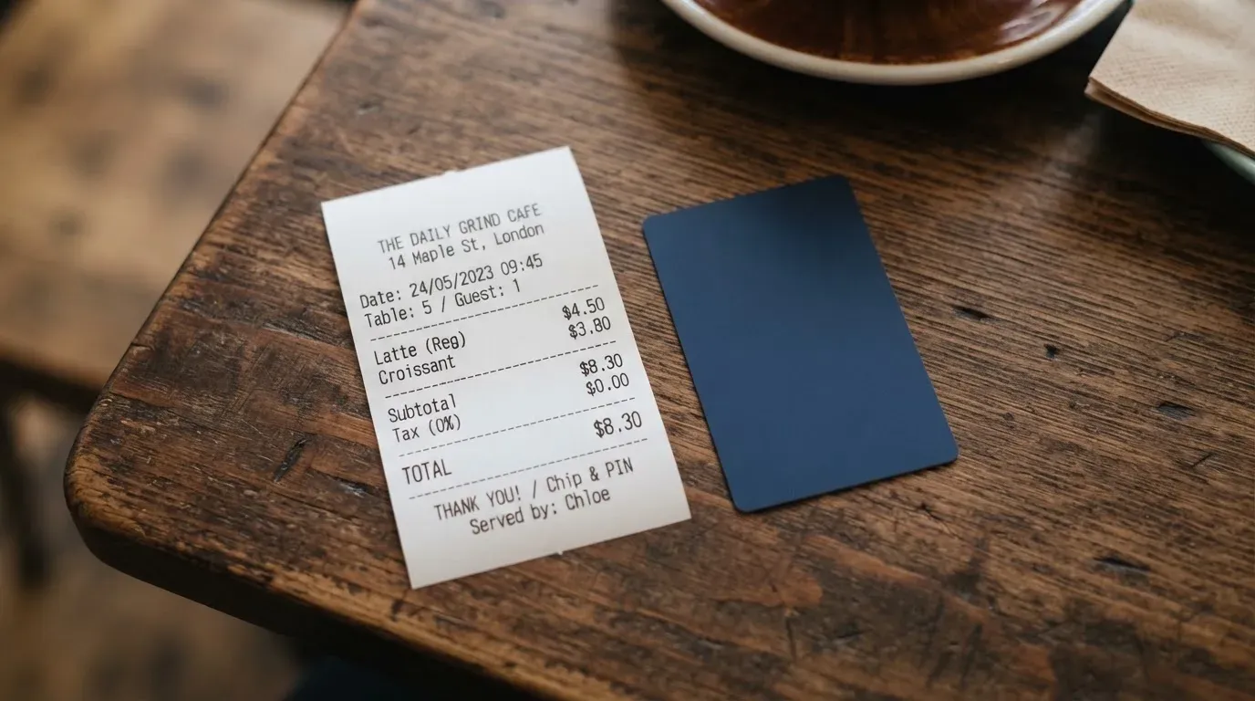 A receipt and a card on a café table