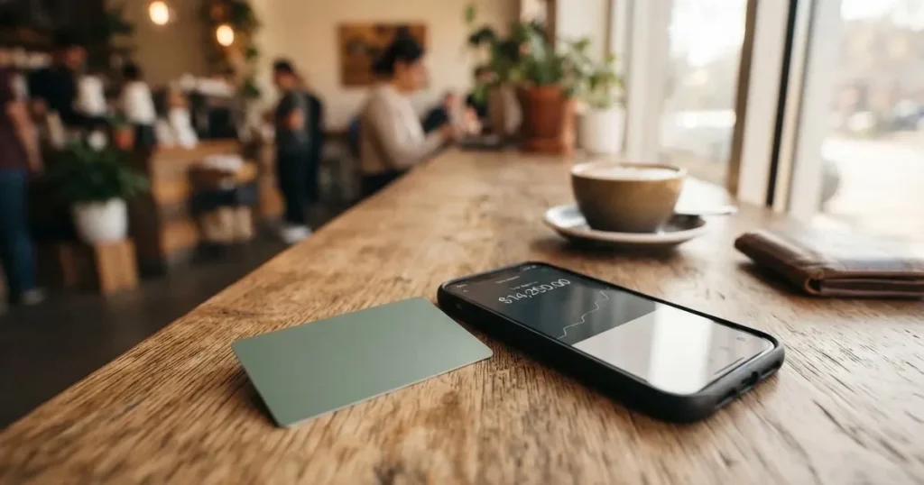 A payment card next to a phone with a crypto wallet app open