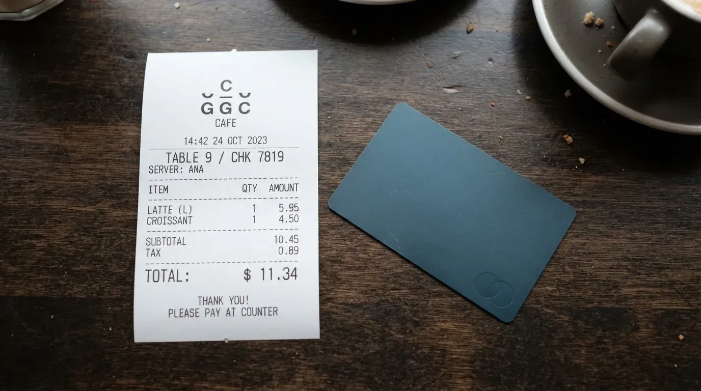 A receipt and a card on a café table