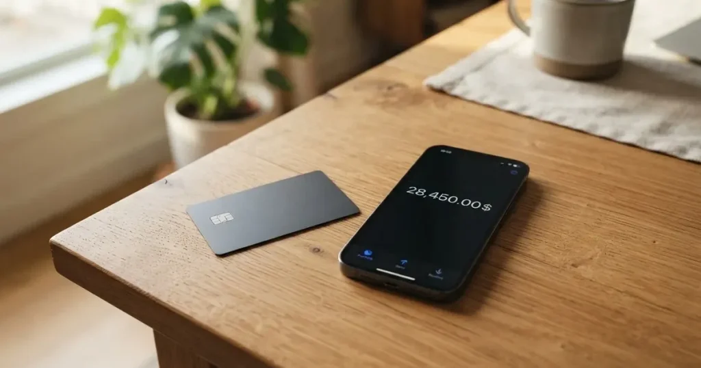 A payment card next to a phone with a crypto wallet app open