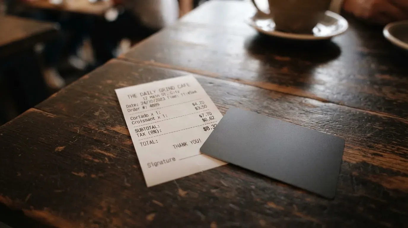 A receipt and a card on a café table