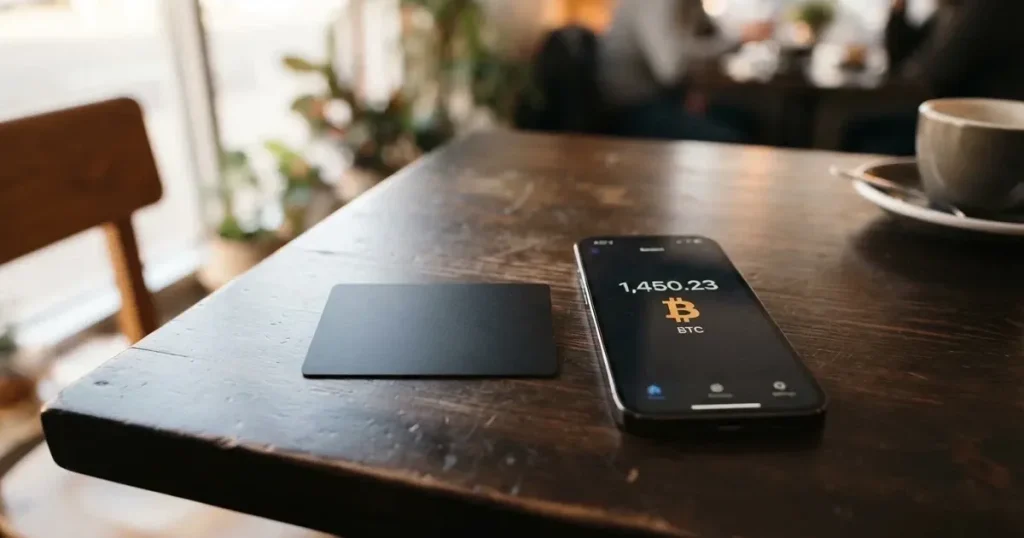 A payment card next to a phone with a crypto wallet app open