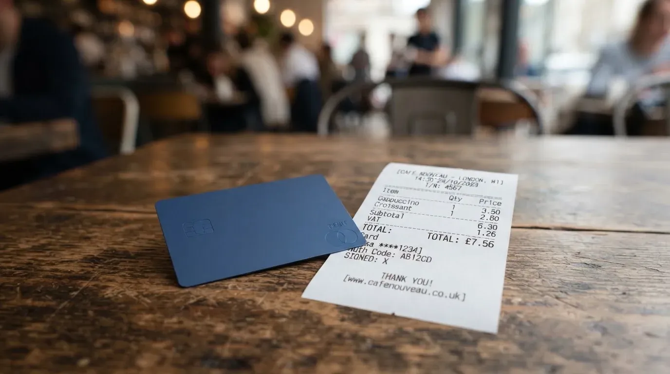 A receipt and a card on a café table