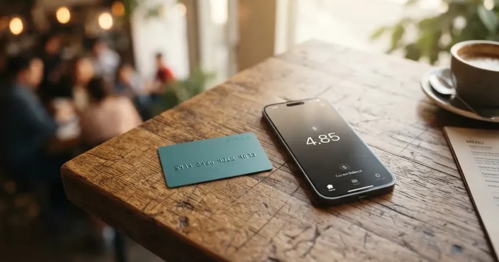 A payment card next to a phone with a crypto wallet app open