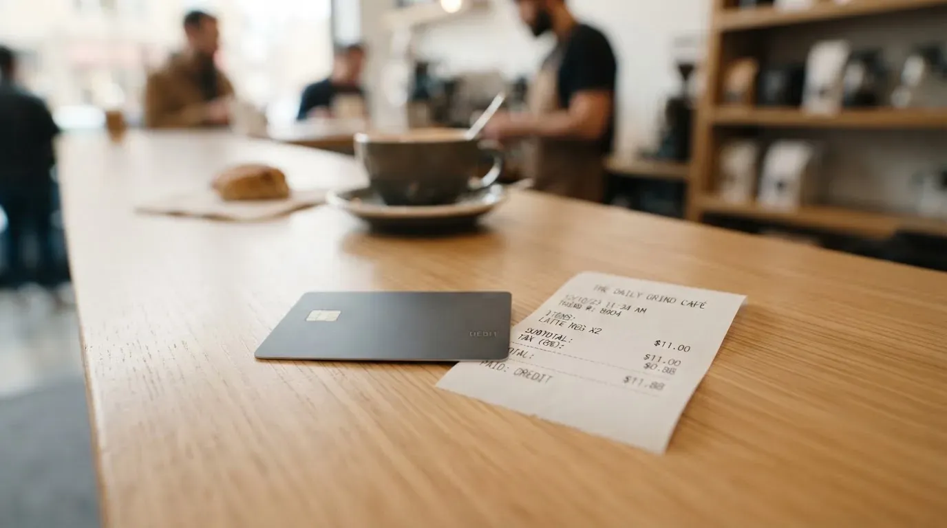 A receipt and a card on a café table