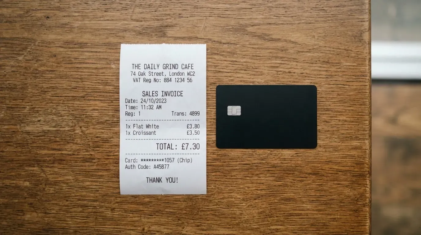 A receipt and a card on a café table