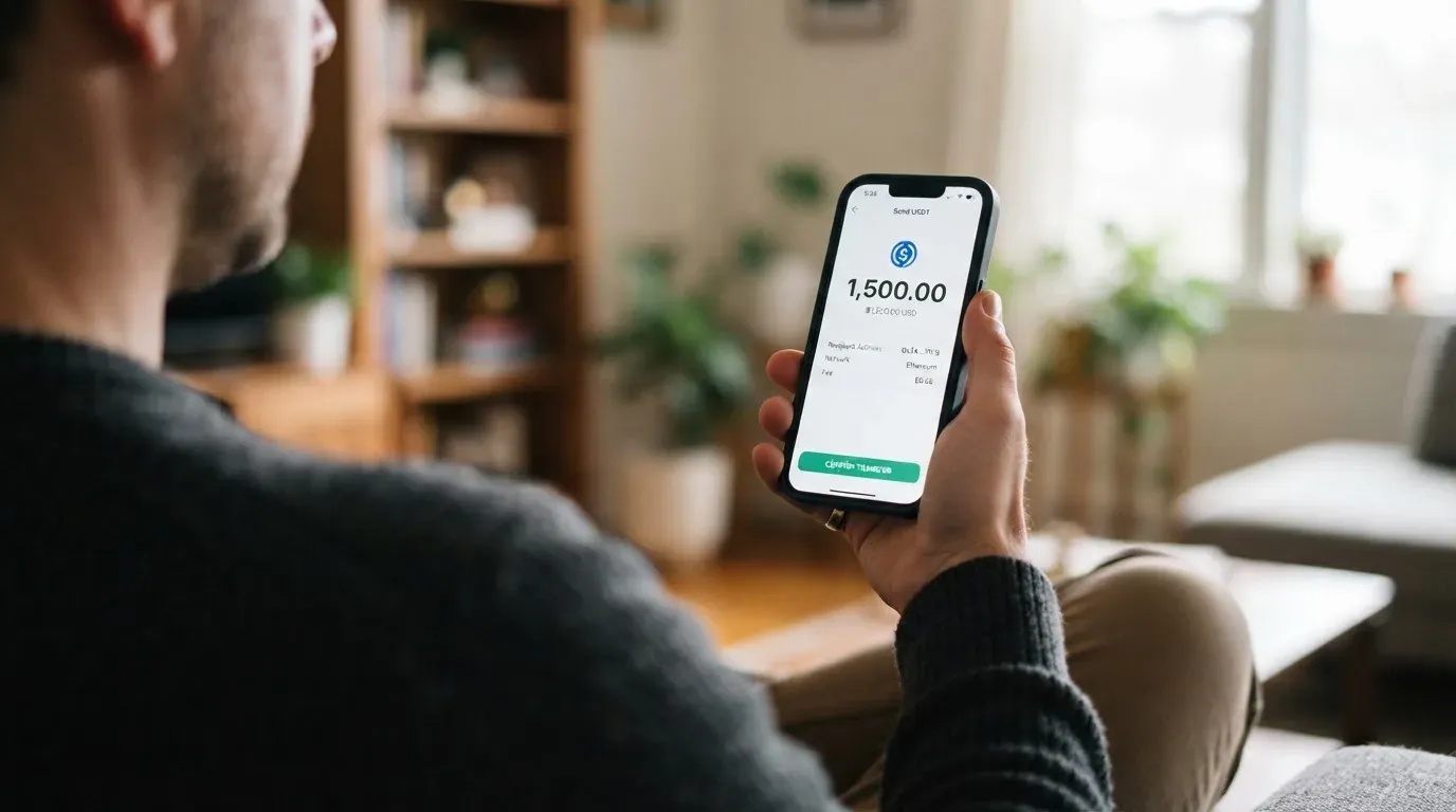 A phone showing a stablecoin transfer screen